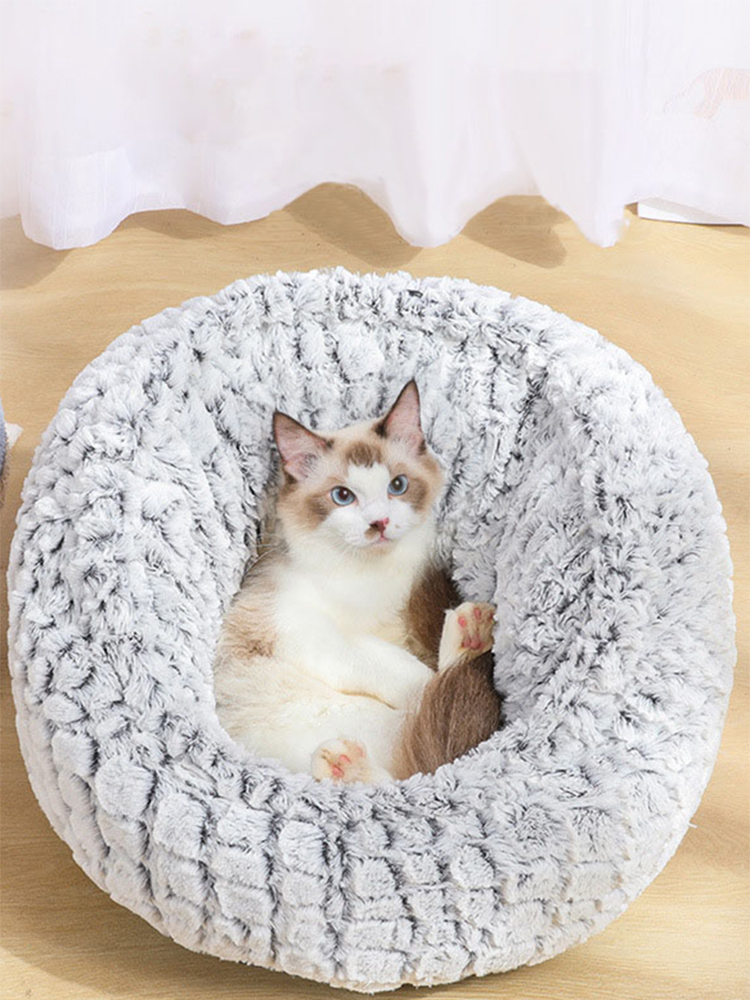 PV Long Plüsch Super Soft Pet Round Bed Kennel Dog Katze Bequemes Schlafkissen einstellbar