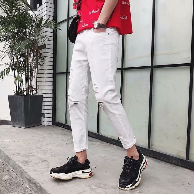 Section mince pantalon blanc pieds pour hommes Slim Pantalons Stretch Youth Jeans Casual White Men saison tendance