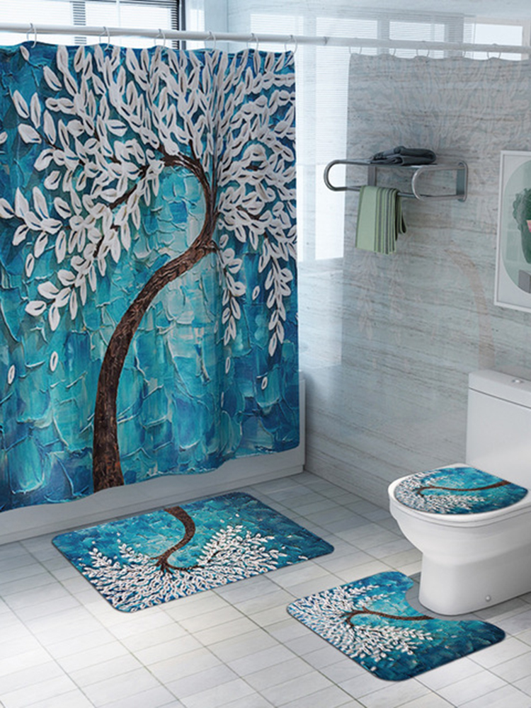 Geschnitzter Duschvorhang für den Toilettensitz Vierteiliges, bedrucktes Fußmatten-Set Anti-Rutsch-wasserabsorbierende Badezimmermatte