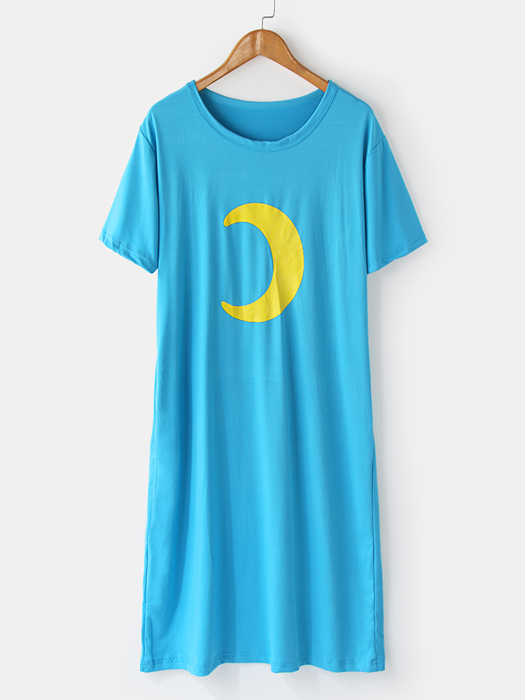 Damen Drucken Kurzarm-Nachthemd mit Rundhalsausschnitt Lose Freizeit-Nachtwäsche