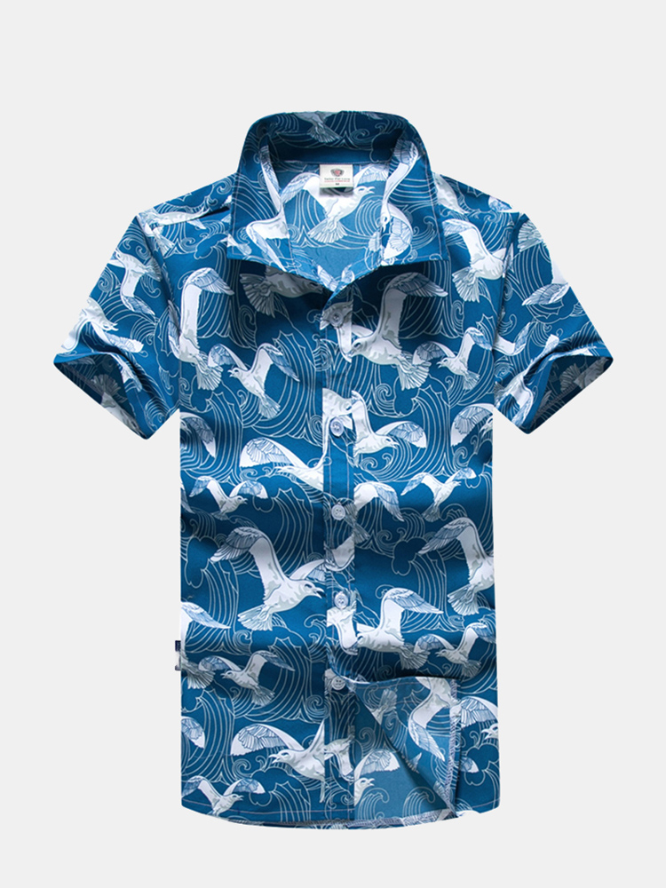 Hommes bleu Holiday Seagull impression chemise de plage hawaïenne