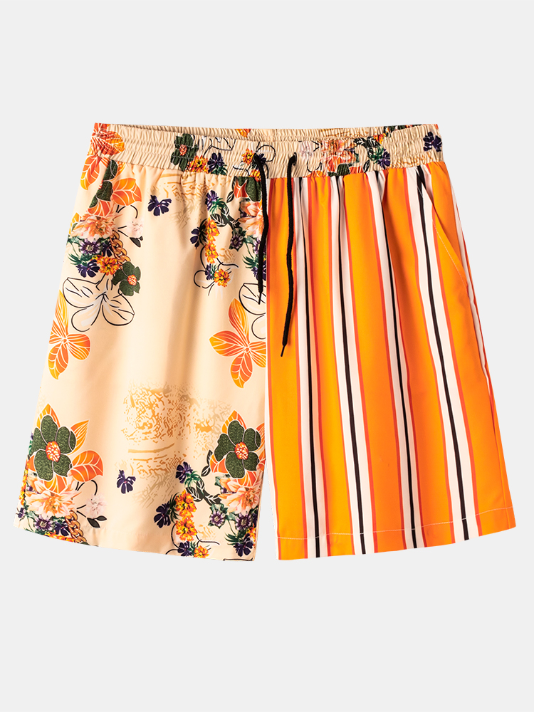 Herren Floral Striped Print Urlaub Casual Loose Drawstring Taille Shorts