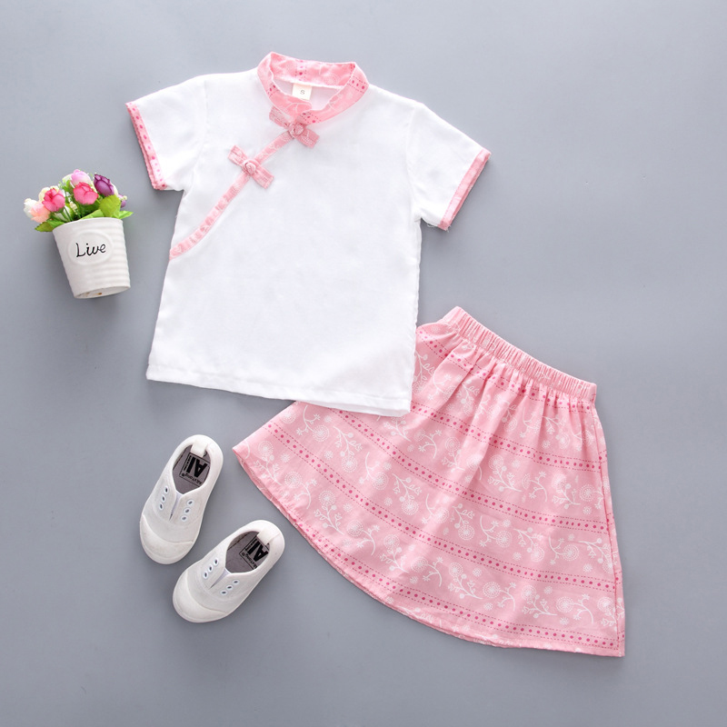 Vetements de jupes de coton occasionnels de filles de style chinois Vintage Toddlers Set pour 1Y-5Y