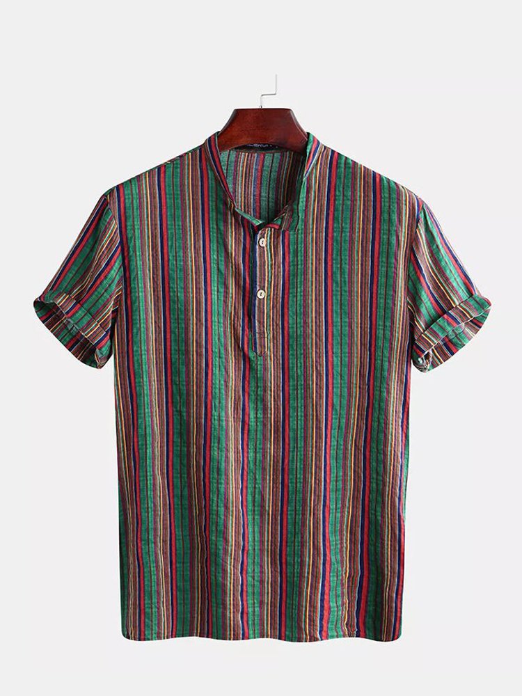 Camisas henley de manga corta con rayas multicolores étnicas para hombre