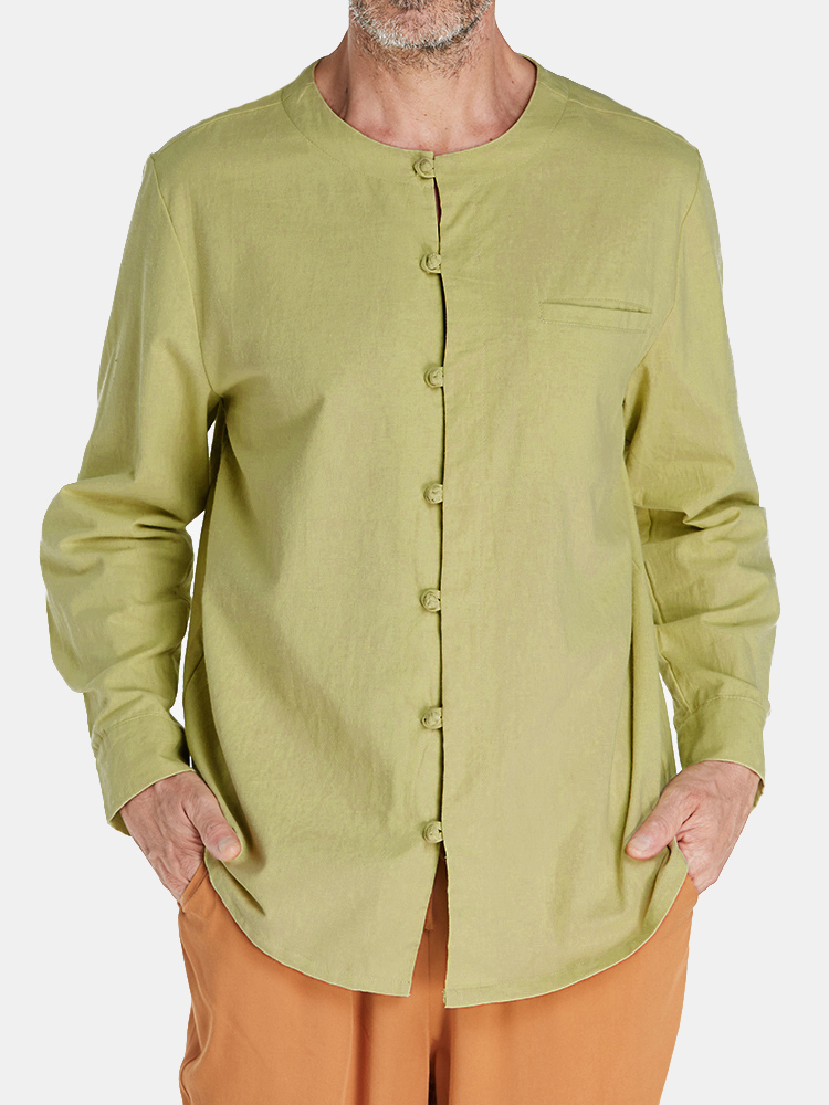 Hommes Printemps Automne Couleur Unie Style Chinois Boutons Fermeture Lache Coton Chemises