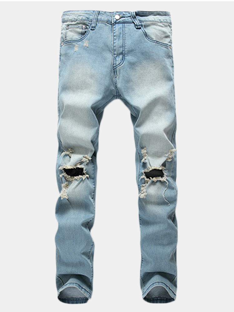 Jean vintage dechire en jean delave delave a la mode imprime bleu clair pour hommes