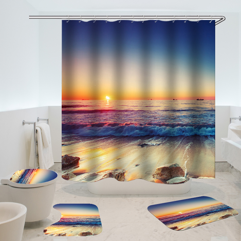 Rideau de douche impermeable antiderapant tapis trois set de salle de bain decor bleu coucher de soleil sur l'ocean