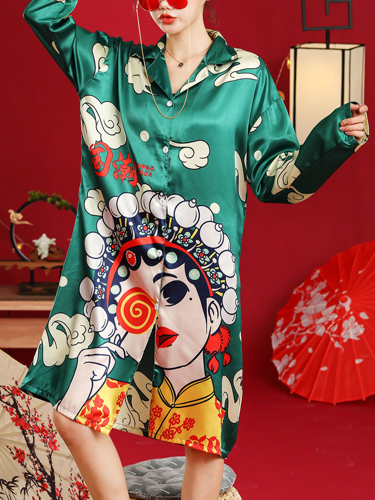 Damen Faux Silk Opera Character Gedrucktes Langarm-Schlafshirt im Nationalstil