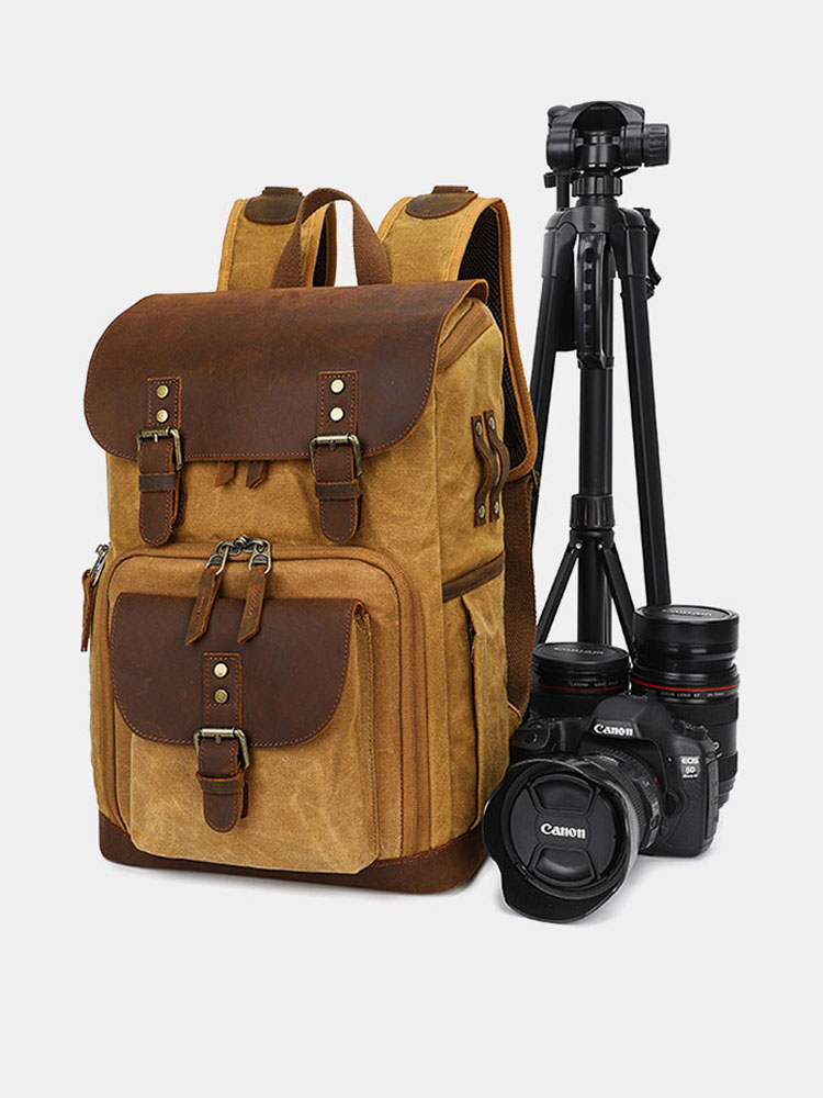 Bilde av Men Genuine Leather Retro Waterproof Breathable Camera Bag Backpack