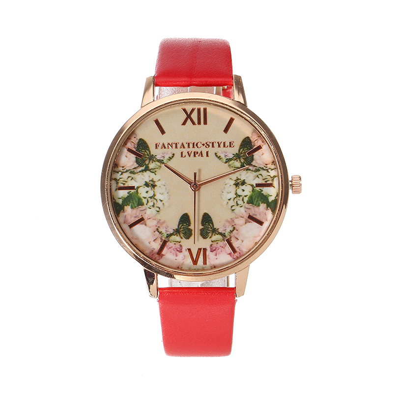 LVPAI Vintage Women's Watch Elegant Vintage Flower Leather Watch