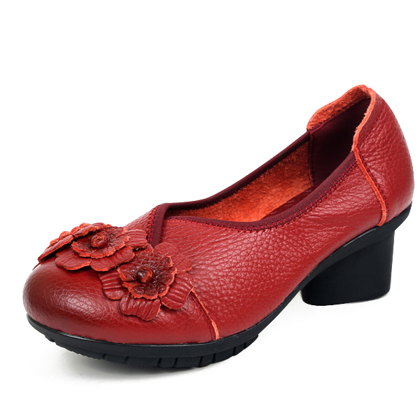 Socofy Chaussures Vintage En Cuir A Talon Moyen Escarpins Souples Original Decoration Fleurs De Fabrication Artisanale