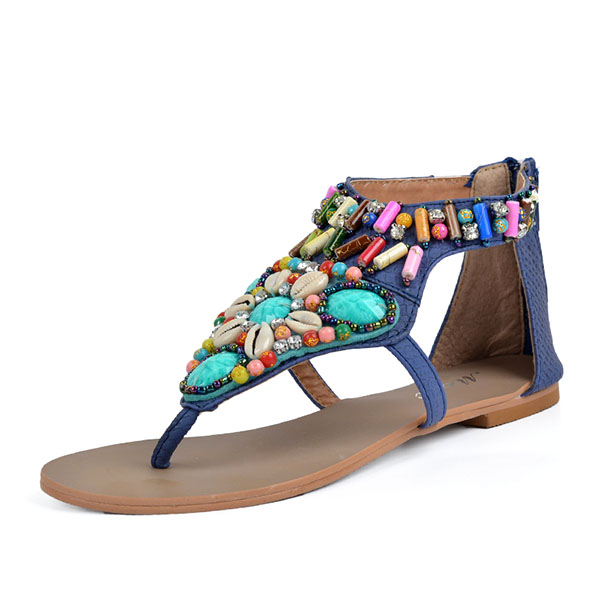 Sandales vintage zippees plates bohemiennes a perles coquilles colorees a entredoigt du style ethnique