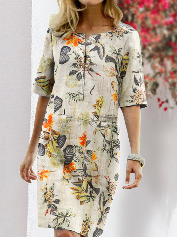 Blumendruck Split O-Ausschnitt Halbarm Casual Cotton Kleid