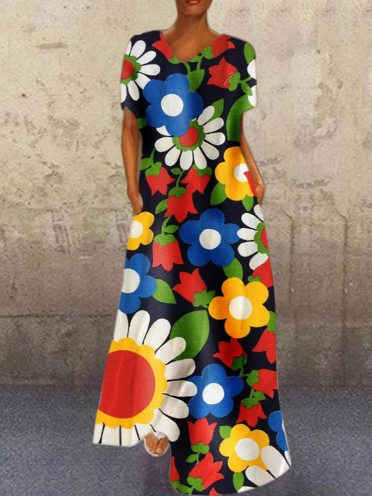 Blumendruck Kurzarm V-Ausschnitt A-Linie Plus Größe Kleid