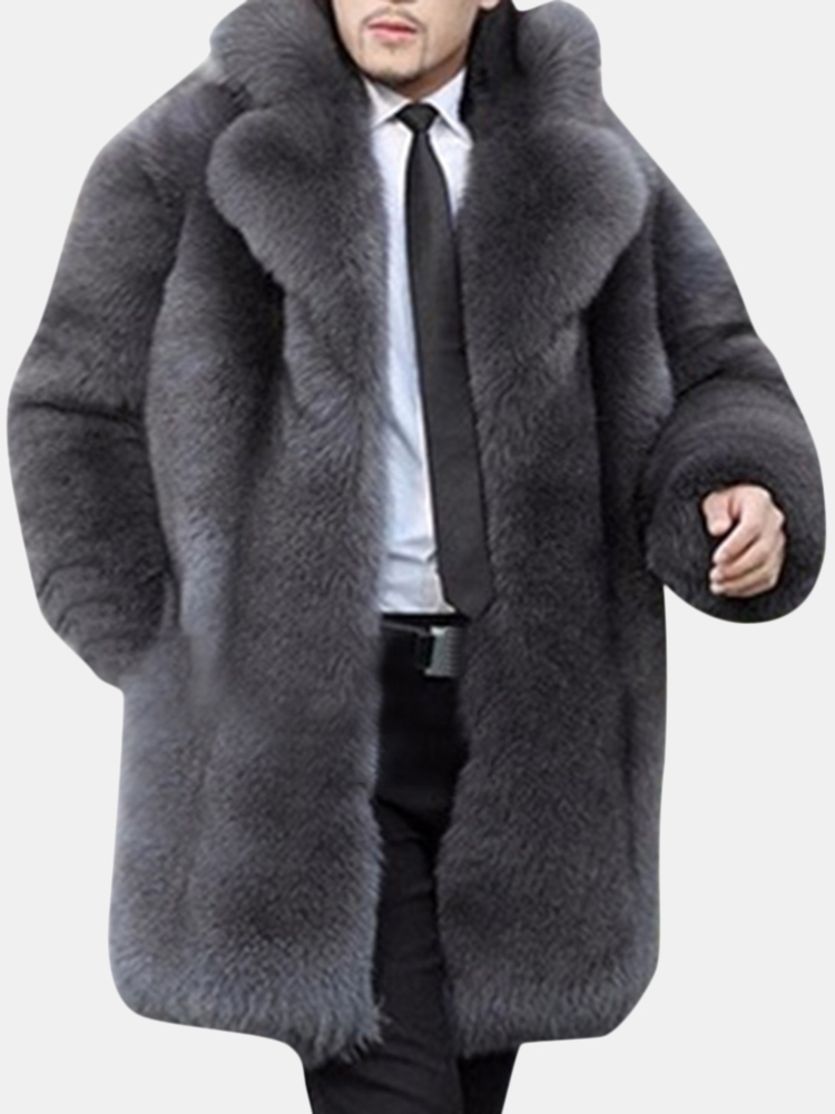 Manteau col a revers mi-long en fausse fourrure pour hommes epais manteaux chauds Fax manteaux de fourrure de renard