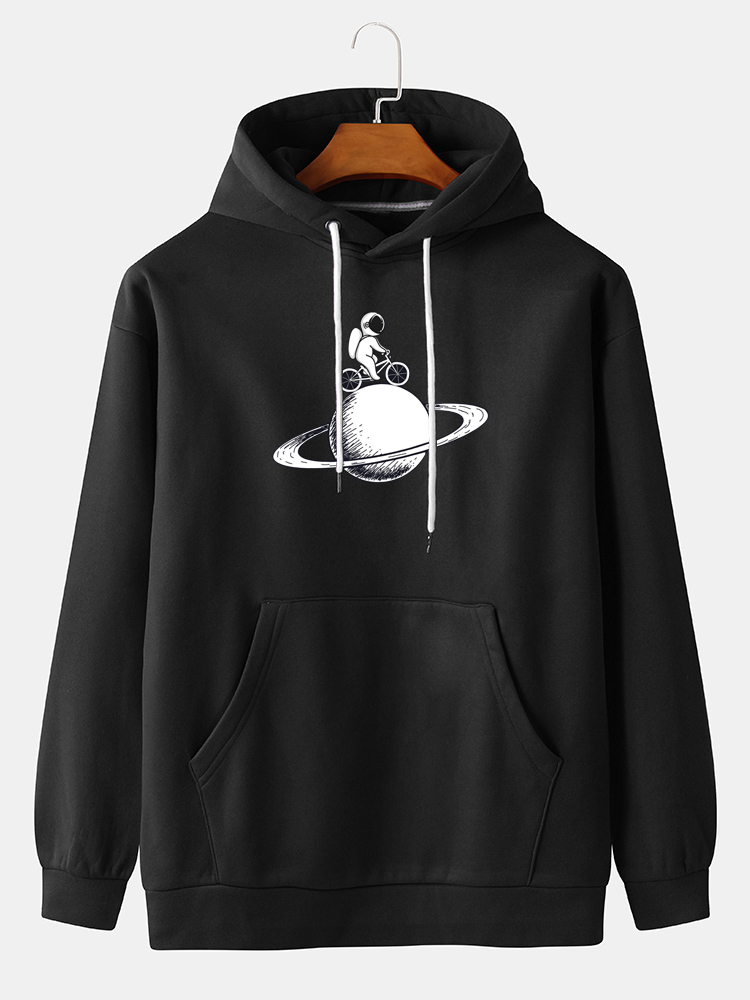Herren Cartoon Radfahren Astronaut Print Casual Pullover Hoodies Mit Känguru Tasche
