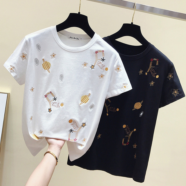  Starry World Heavy Industrie Broderie Perles Bande Dessinee Lache Casual Blanc T Shirt A Manches Courtes Femme