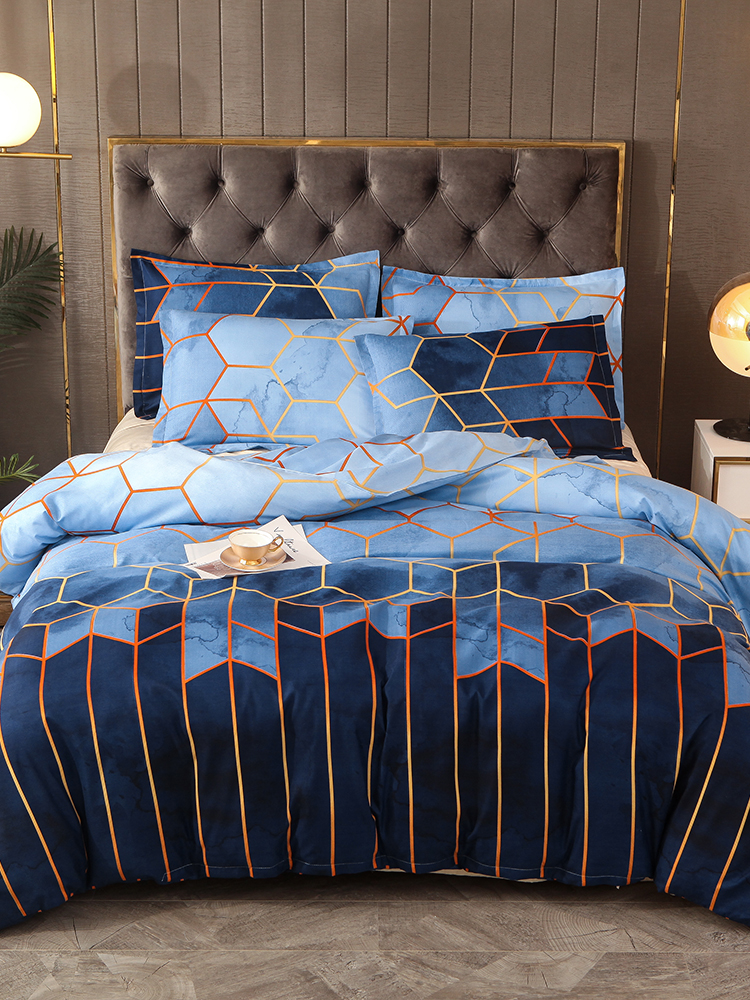 2 / 3Pcs Geometric Bedding Set Blau Golden Bettbezug Sets Polyester Bettbezug Kissenbezug Queen King Größe