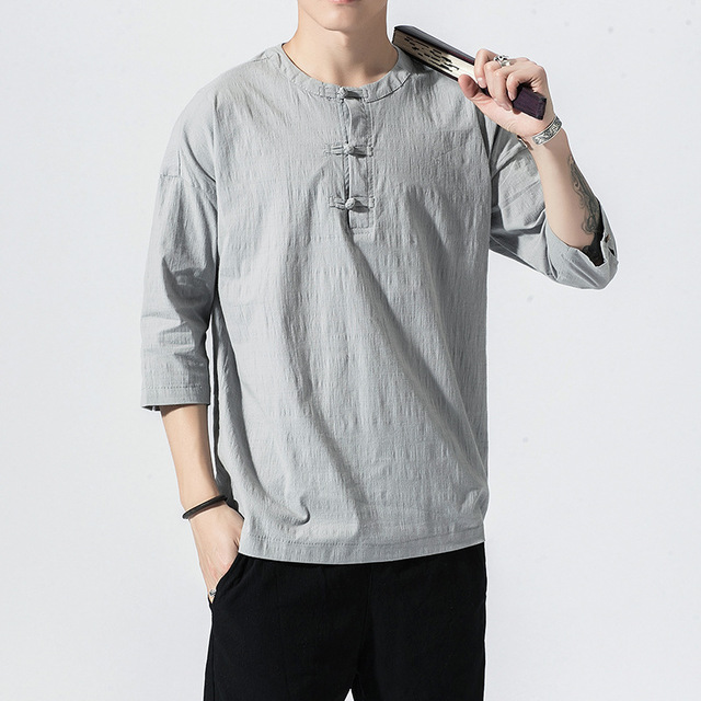 Nouveau style chinois original vent bouton boucle chemise a manches cinq points retro Youth chemise decontractee male grande taille