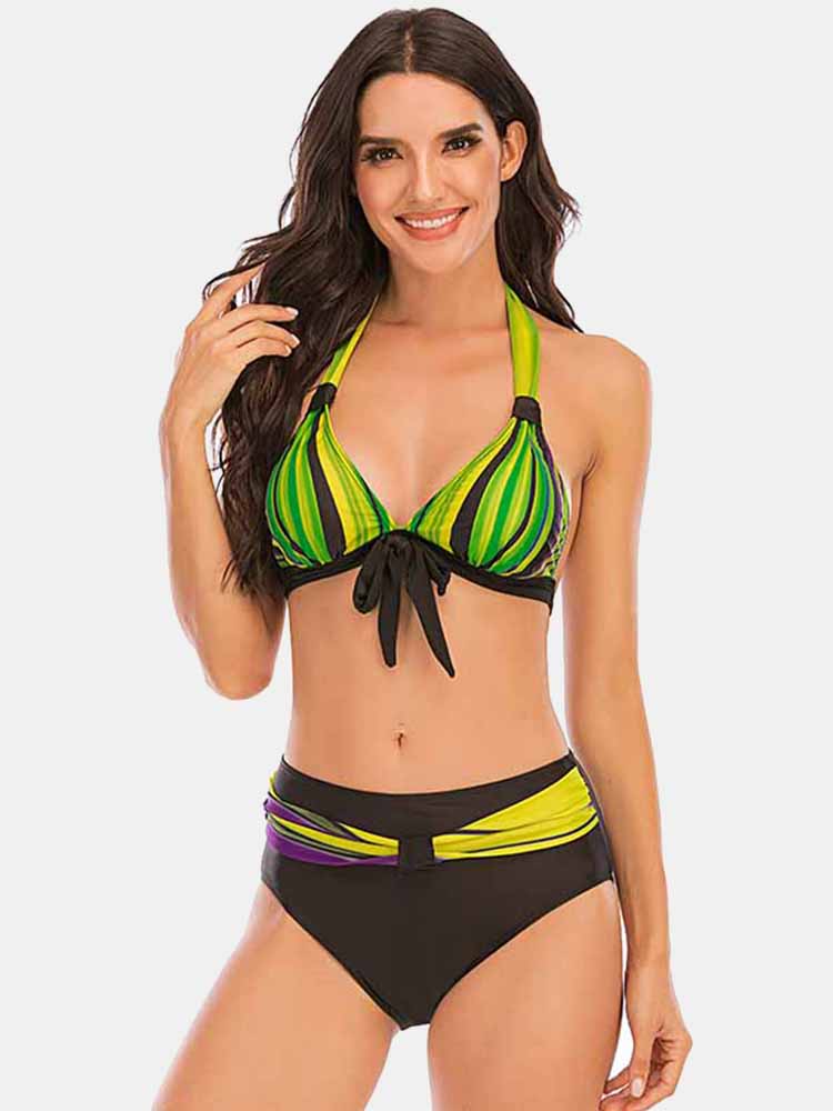 Plus Größe Damen Colorful Streifenbindung Fronthalfter Rückenlose Bikinis Badeanzug