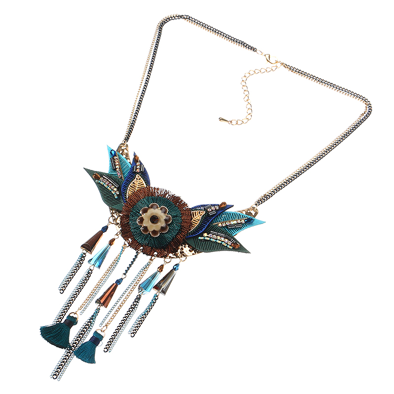 Collier a la main ethnique collier pompon de Boheme Neckalce elegant perles en cristal bleu cadeau pour les femmes