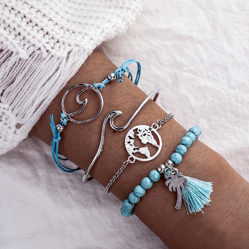 Bracelet boheme bleu frais 4 pieces carte vague glands Bracelet femme Bracelet ethnique