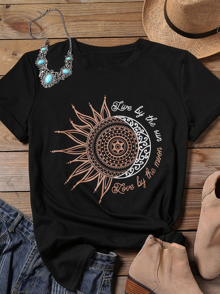 T-shirt casual da donna a maniche corte con stampa Sunflower Moon