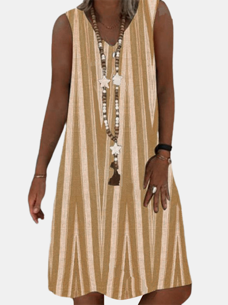 Vintage Gestreifter ärmelloser lässiger Midi Kleid mit V-Ausschnitt