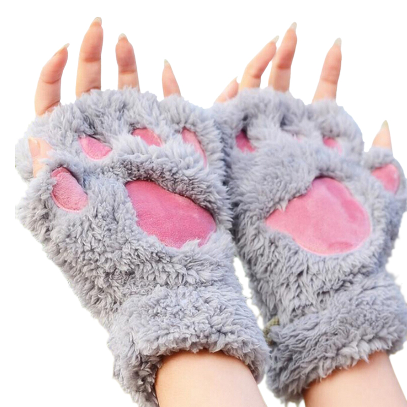 Gants sans doigts en peluche en forme de pattes dours de chats pour femme