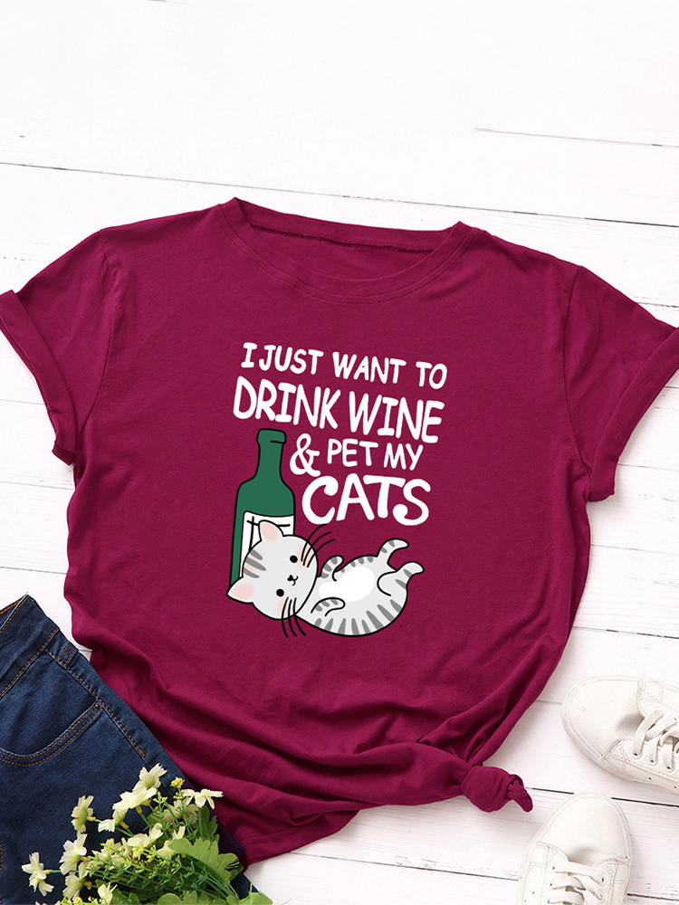 Cartoon Katze Buchstaben Gedrucktes Kurzarm-T-Shirt mit O-Ausschnitt für Damen