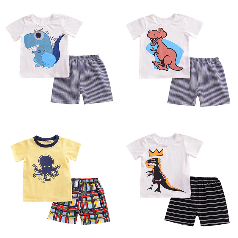 2 Pcs Cartoon Print Garcons Vetements Set Toddlers Enfants Coton T-shirt + Shorts Pour 1Y-9Y
