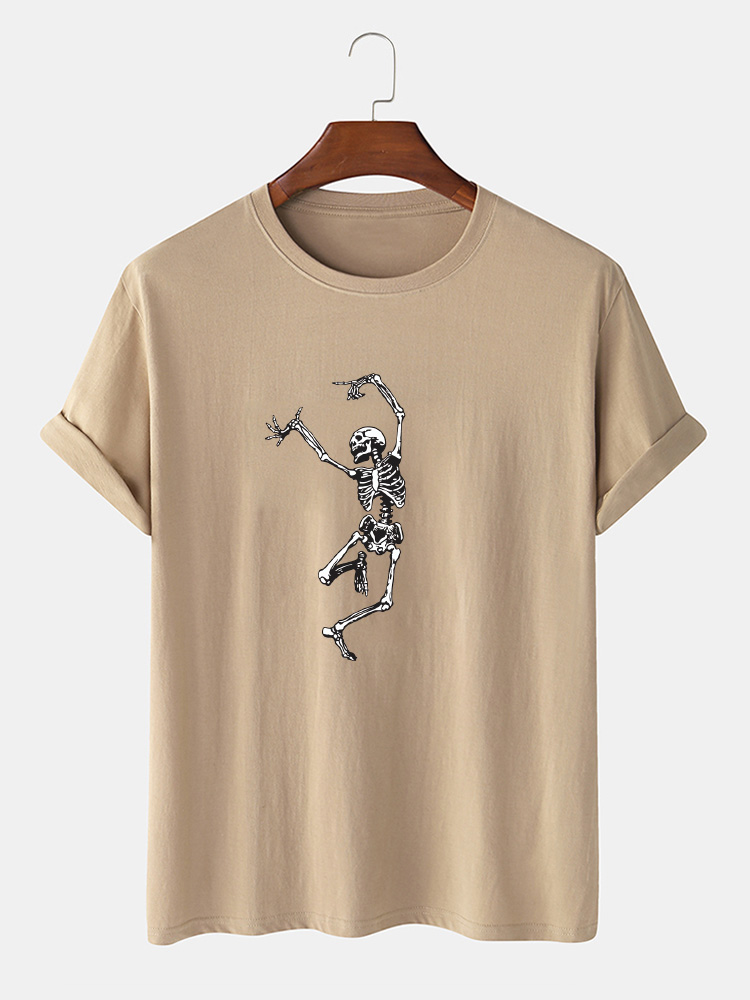 Mens 100% Cotton Halloween Skeleton Print O-Neck Casual Short Sleeve T-Shirts