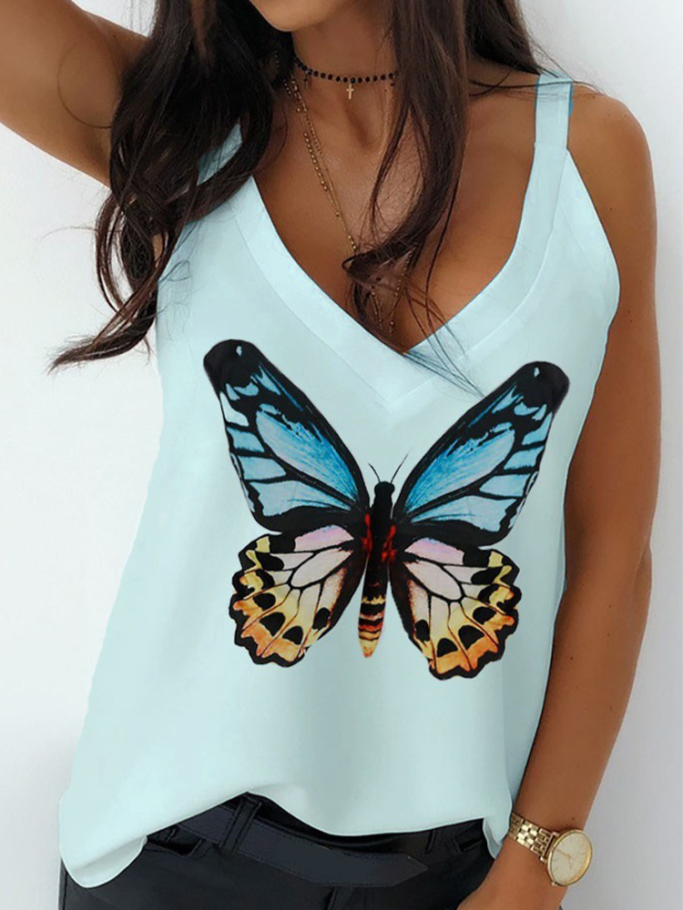 Mit Schmetterling bedrucktes Trägershirt mit V-Ausschnitt für Damen