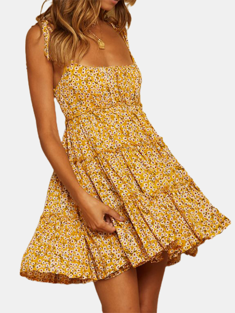 Spaghettibügel Blumendruck Sexy Mini Kleid Für Damen
