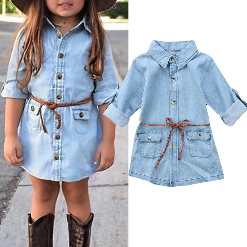Toddler Girls Casual Button Robe en jean avec ceinture pour 2Y-9Y