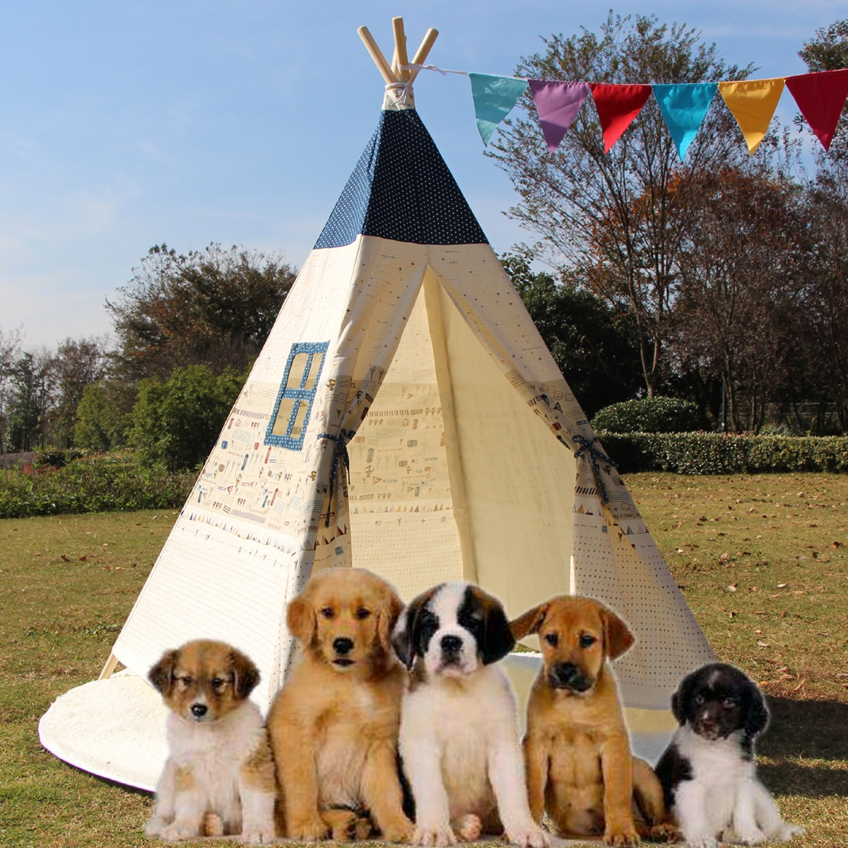 Large Kids Pet Teepee Canvas Play Tent Tipi Outdoor Beige with Cushioned Floor Mat
