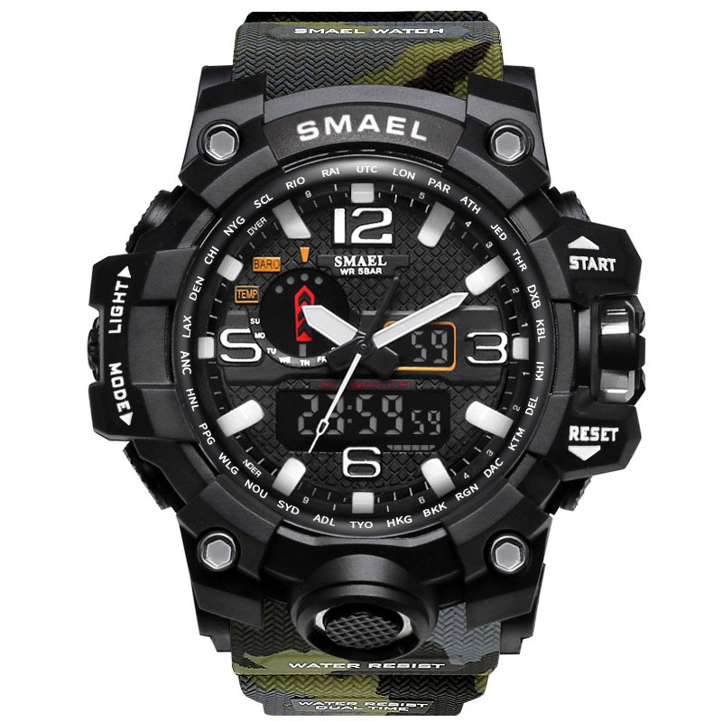 SMAEL montre electrique de sport militaire impermeable de camouflage LED digital a double affichage