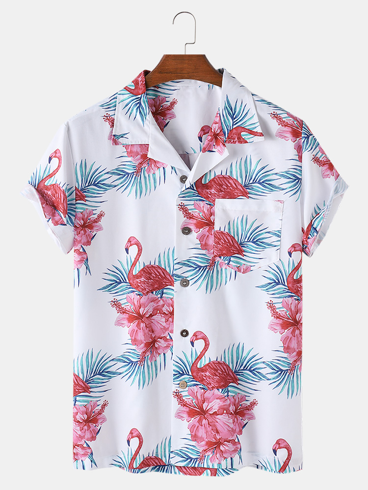 Herren Flamingo bedruckte Revere Collar Casual Kurzarmhemden mit Tasche