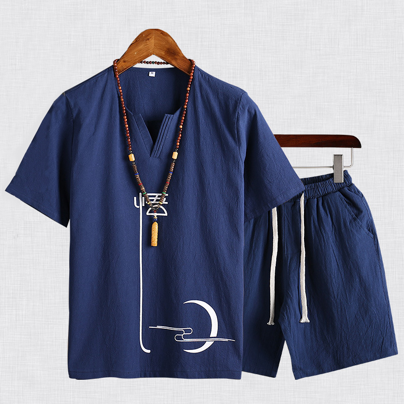 Melange de lin pour hommes National Style Fashion Casual Deux Pieces Print Summer Costume