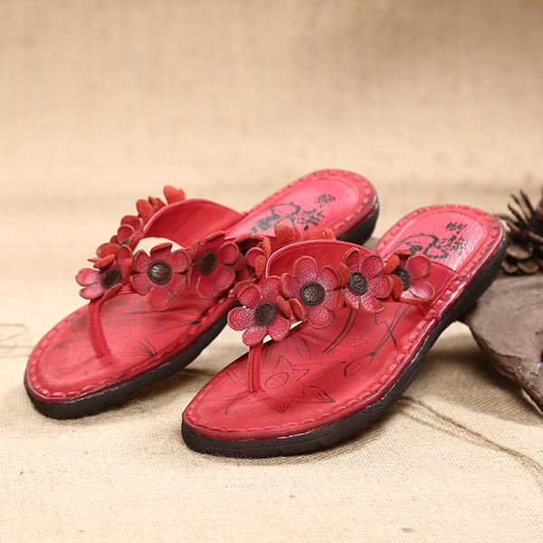 Sandales de plage folkloriques a fleurs decoratives en cuir veritable a entredoigt