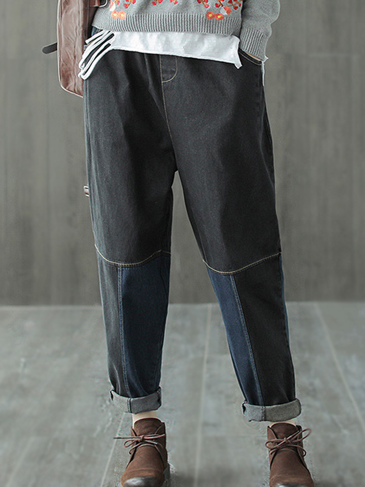 Newchic Frauen-Weinlese-Patchwork-elastische Taillen-Harem-Jeans Mit Taschen