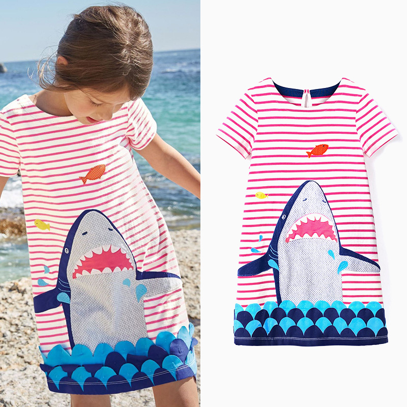 Shark Pattern Toddlers Girls Striped Summer robes de coton occasionnels pour 1Y-7Y