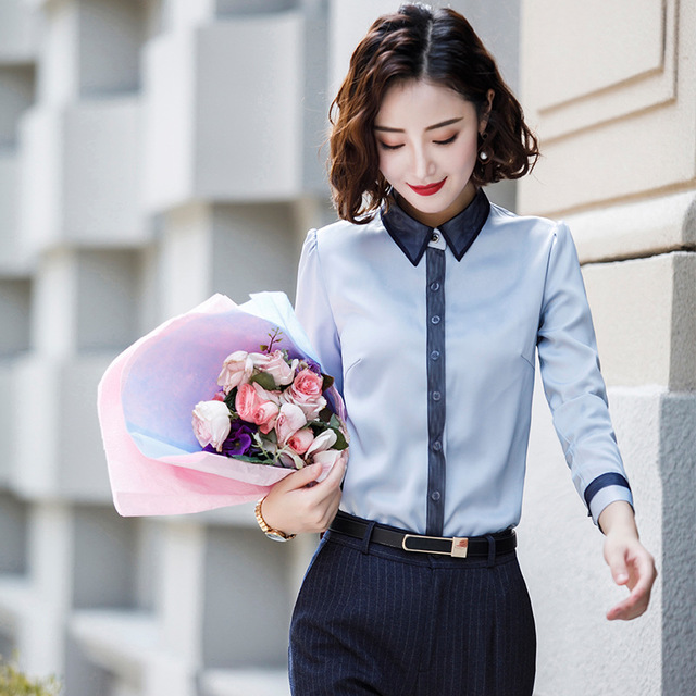 Nouvelle saison de la mode feminine bicolore couture gaze shirt a manches longues salopette costume professionnel Hakama
