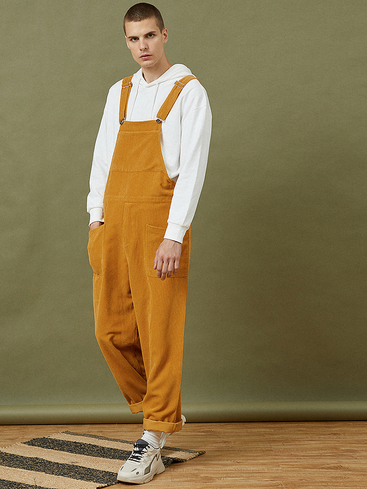 Mens Corduroy Solid Color Casual Button Overalls Jumpsuits With Pockets