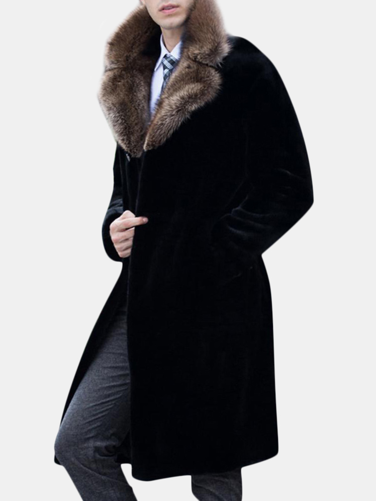 Manteau long col en fourrure de fax pour hommes Hiver Chaud Slim Fit Veste en laine Trench-Coat