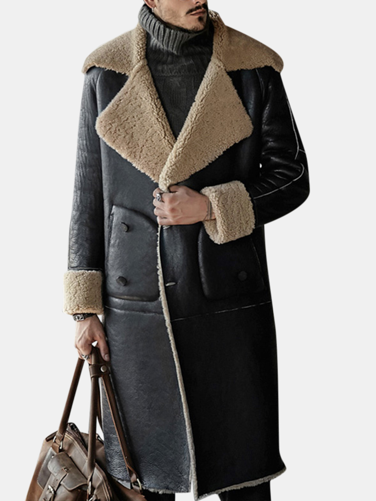 Mens occasionnel mi-long polaire revers vestes en cuir manteaux hiver PU epaissir manteau en peau de mouton