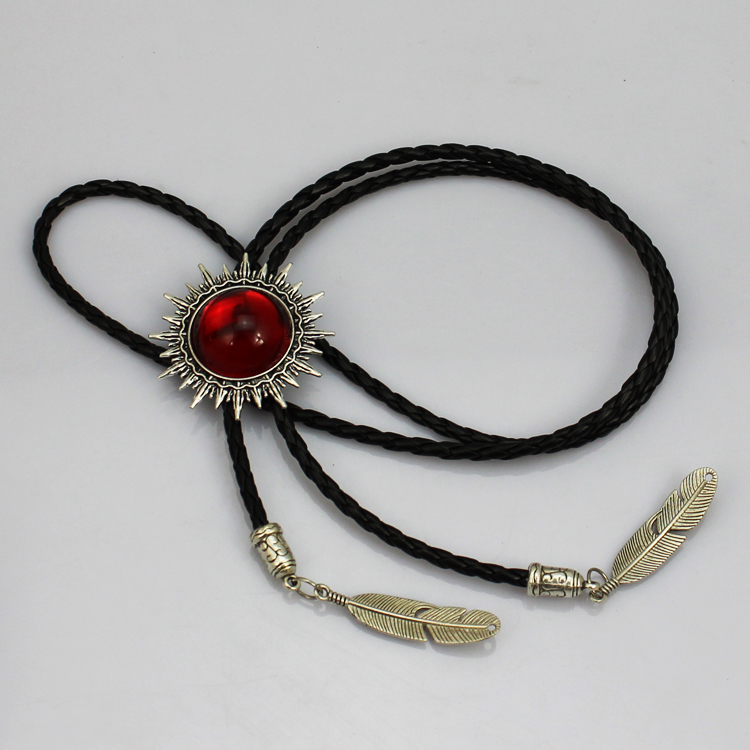 Vintage Bolo Cravate Reglable Soleil Rouge Collier Plumes Glands Cire Corde Cravate Ethnique Bijoux