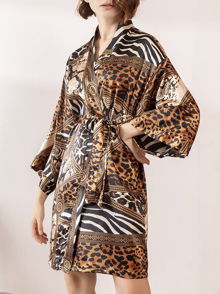Damen Allover Leopard Zebra Print Kunstseide Langarm Robe Pyjama Mit Gürtel
