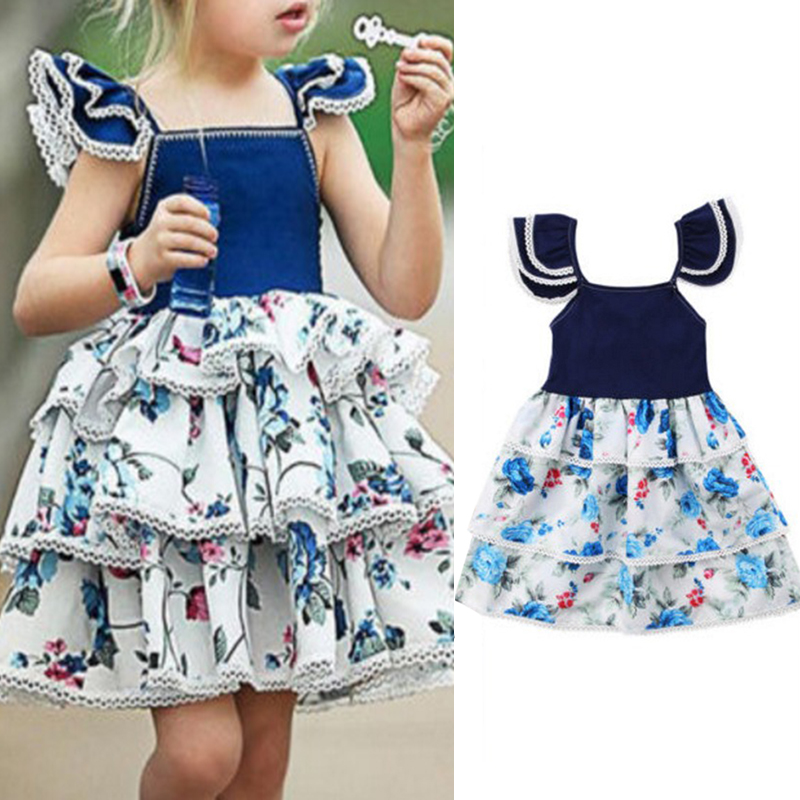Floral Toddler Girls Sleeveless Casual robe de princesse en couches pour 1Y 7Y