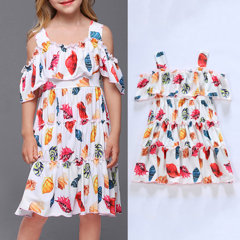 Toddlers Girls Kids Conch Shell Imprime a manches courtes Robes de fete d'ete
